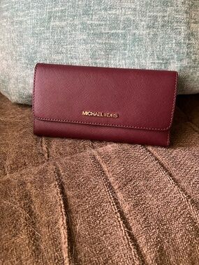 Michael Kors Burgundy Saffiano Continental Wallet with Gold Hardware